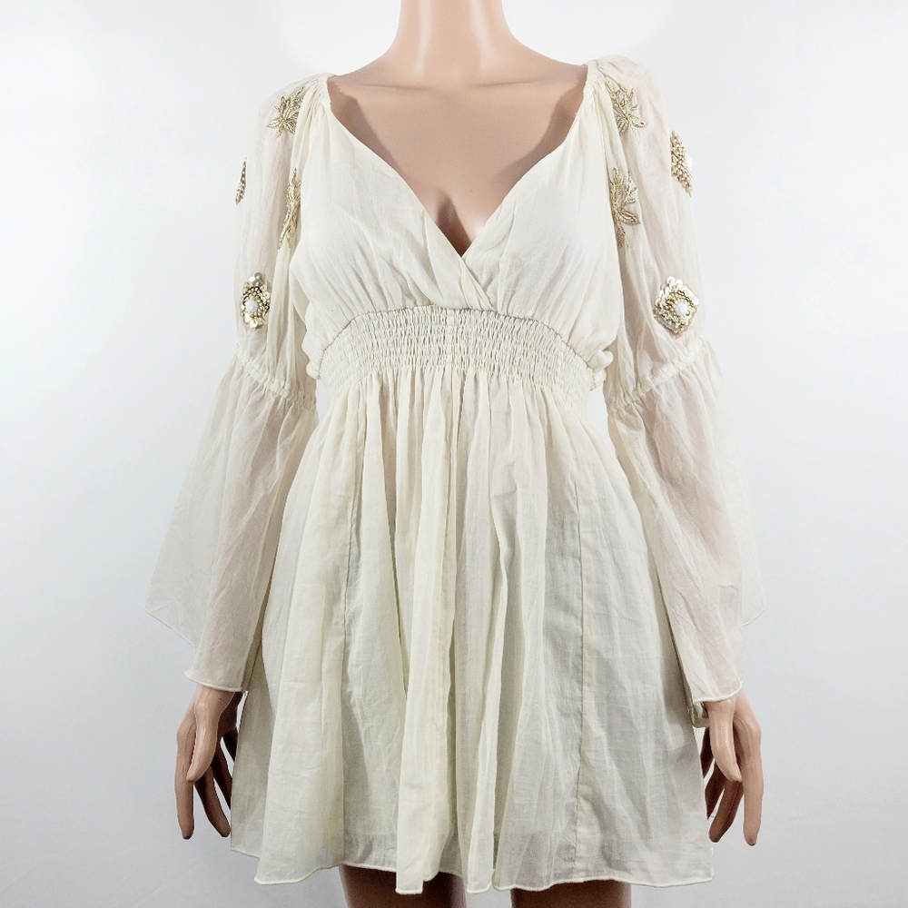 Flont Cream Women's Lg  Embellished & Beaded Bohemian Style Blouse